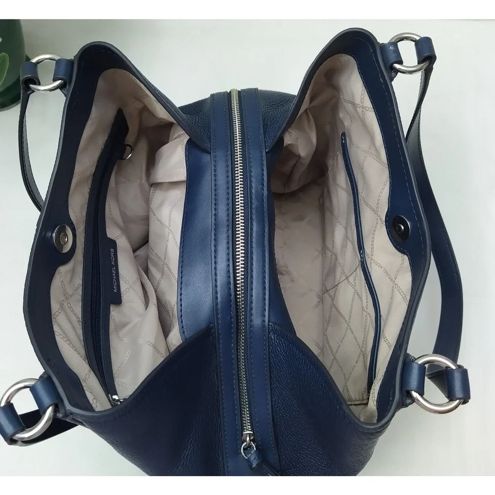 Michael Kors Molly Blue Pebbled Leather 3 Compartments Shoulder Bag